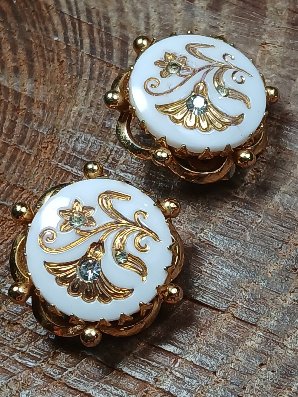 Kramer Of NY Gold Toned Pressed Glass Floral Clip On Earrings